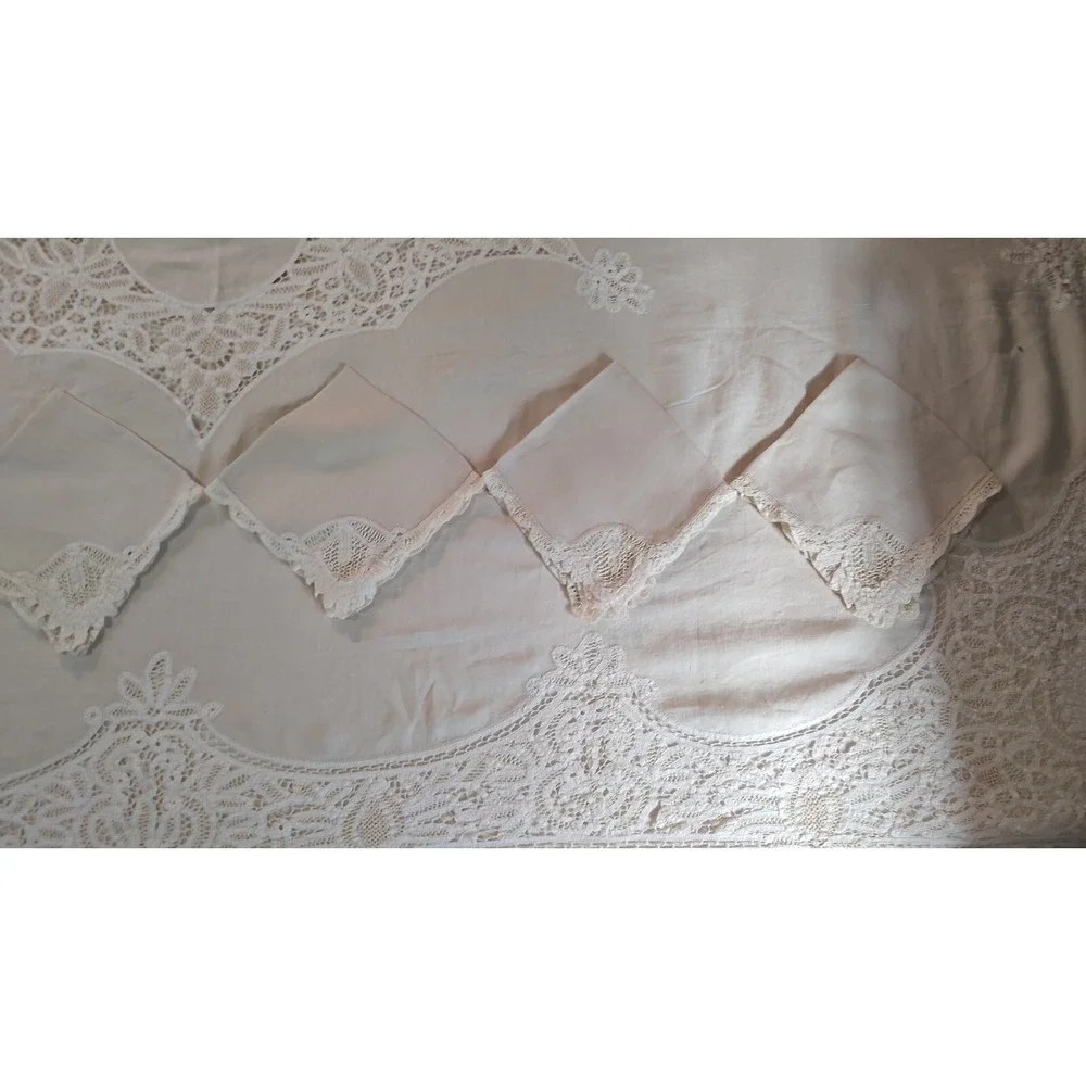 Vintage Irish Battenberg Lace Tablecloth and Six Napkins Set Cotton 56x59 Inches